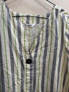 Dalin Striped Button Front Top — White, Gray & Lime Green